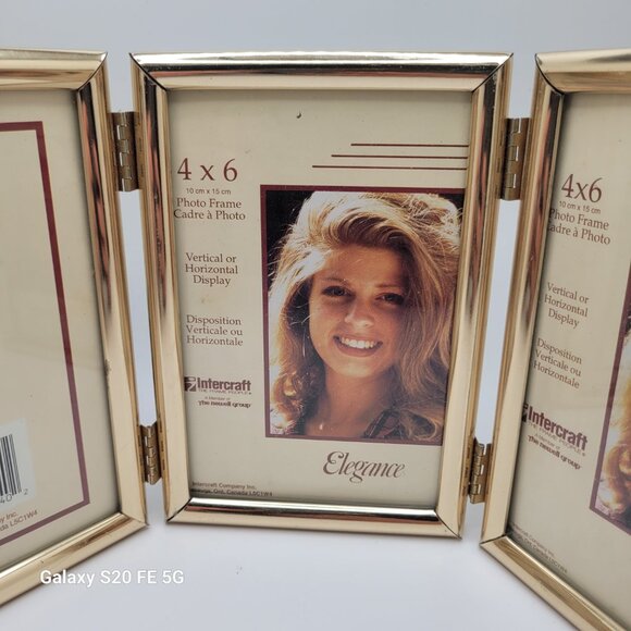 VTG Tri-Fold 3 Picture Frame Ornate Gold Tone Hinged Metal Triple 4 X 6 Photos - Picture 3 of 7